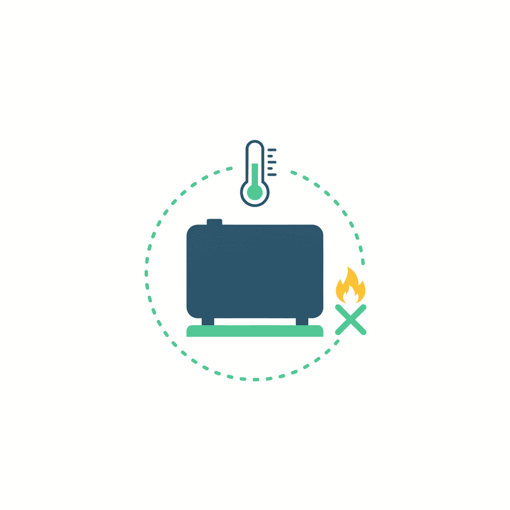 Ilustración vectorial plana con iconos de las claves para elegir el emplazamiento de la batería solar: una balanza, módulos apilados en torre, un termómetro y una peana elevada del suelo, sin texto