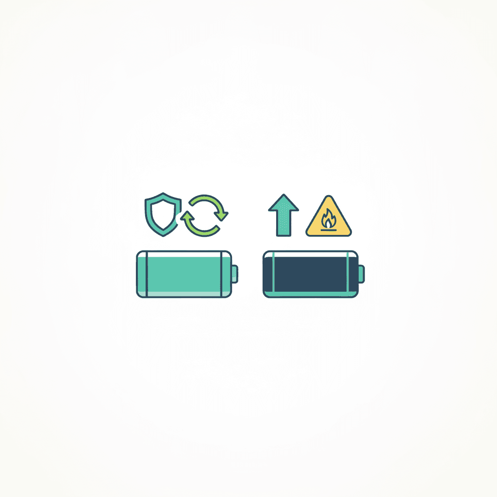 Comparación entre la química LFP y la química NMC con iconos de seguridad térmica, densidad energética y ciclos de vida