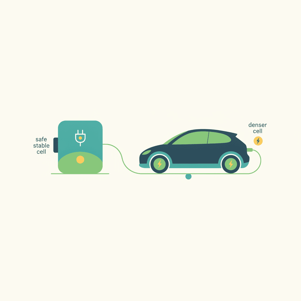 Un coche eléctrico con batería NMC junto a un armario técnico de vivienda con batería LFP, representando dónde encaja cada química