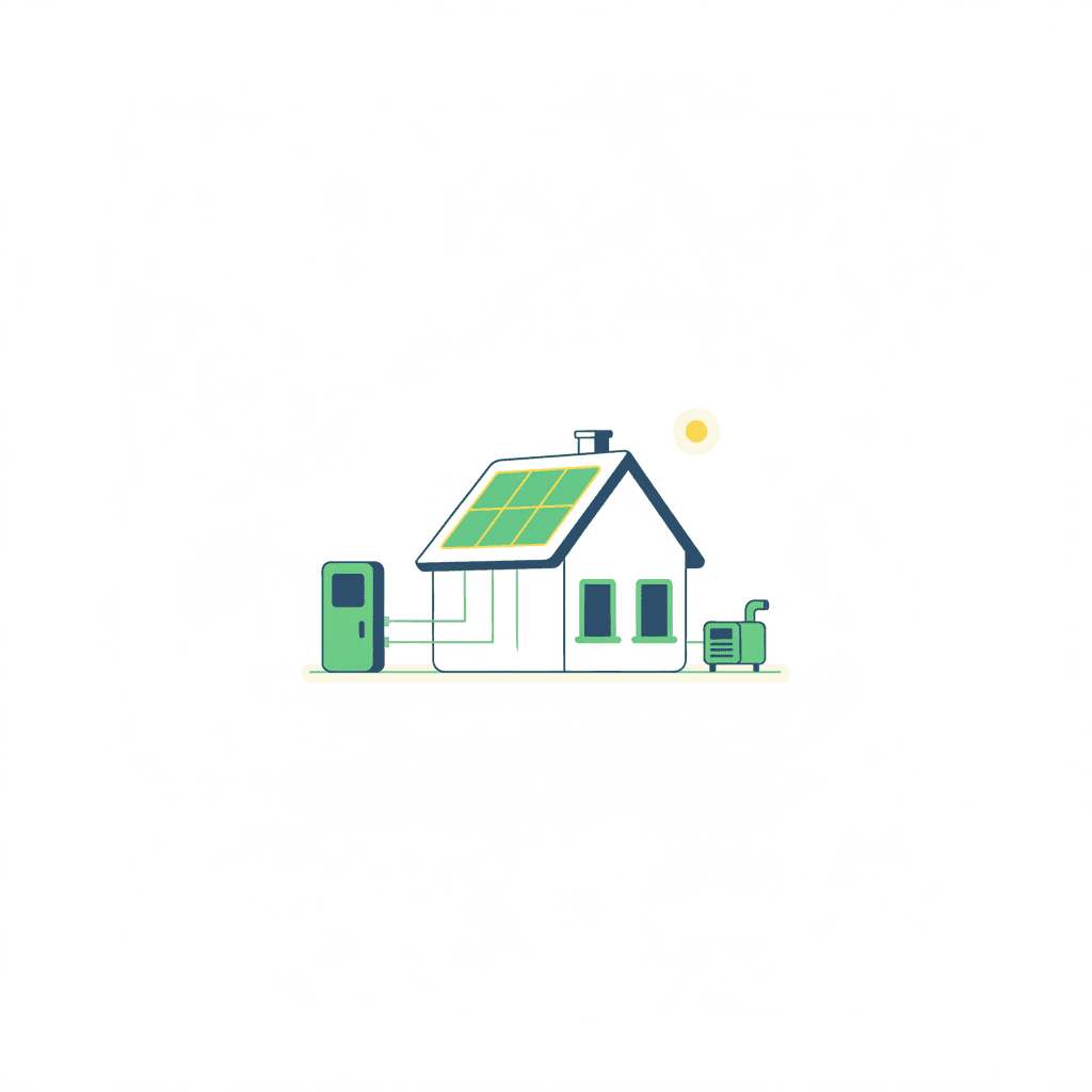 Ilustración vectorial plana de una vivienda con placas solares en el tejado, una batería solar junto a la casa y un grupo electrógeno independiente conectado mediante un inversor, sin texto