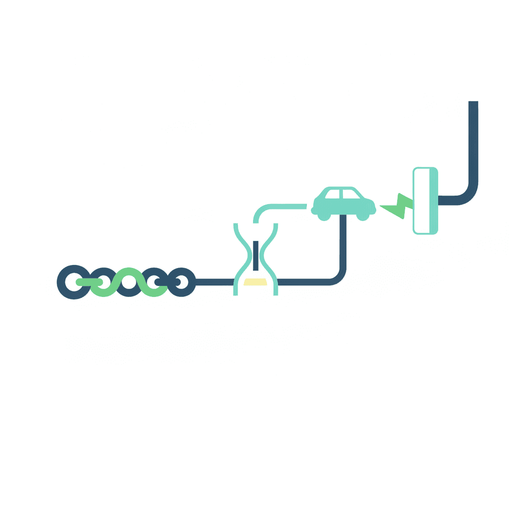 Ilustración vectorial plana de un cable de carga Tipo 2 con iconos de amperios, fases eléctricas y un conector CCS Combo de carga rápida, sin texto