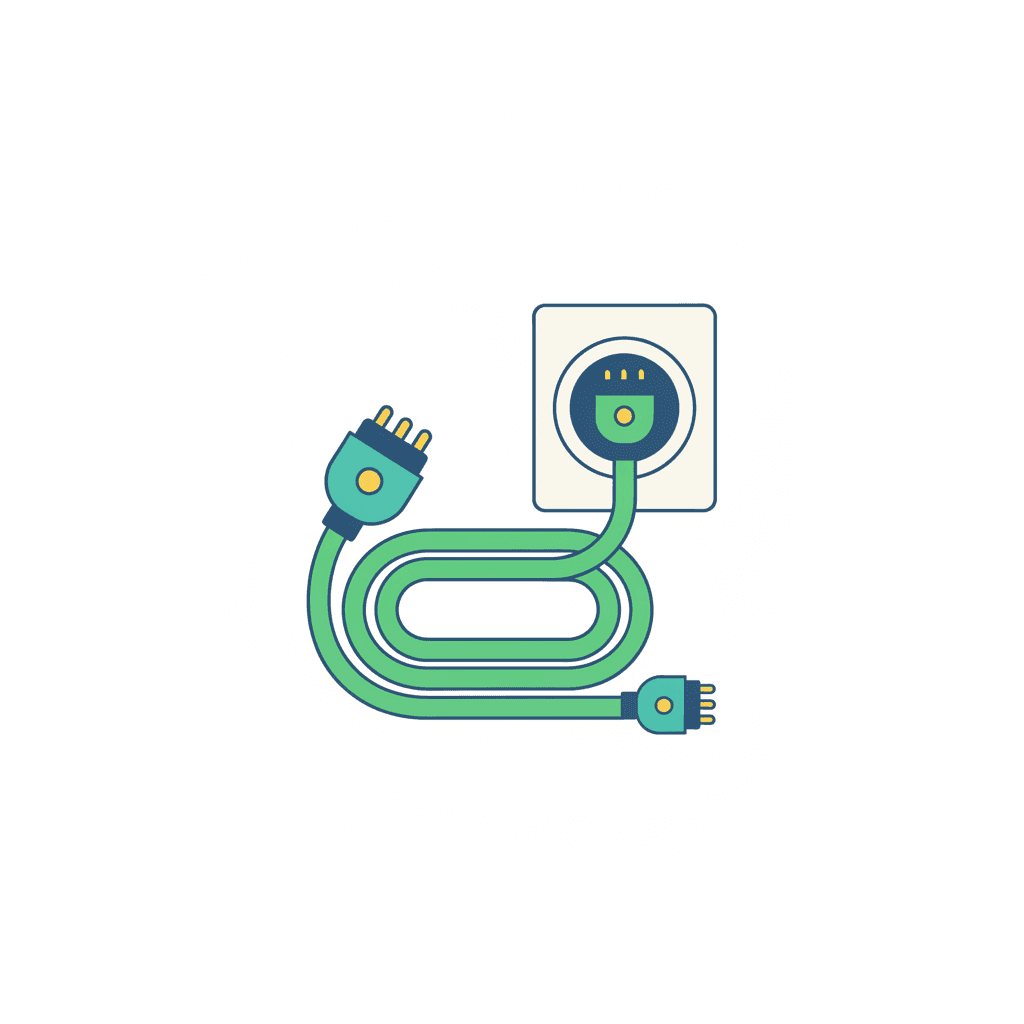 Ilustración vectorial plana de un cable de carga Tipo 2 conectando un coche eléctrico a un wallbox de pared, sin texto