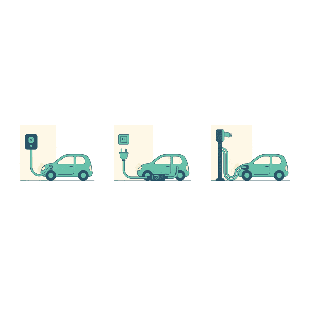 Ilustración vectorial plana comparando tres elementos de carga: un cable Modo 2 con caja de control y enchufe doméstico, un cable Modo 3 Tipo 2 a Tipo 2, y un wallbox con cable fijo integrado, sin texto