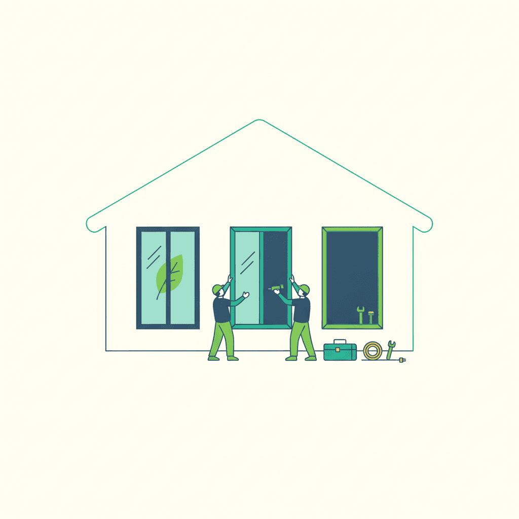 Ilustración vectorial plana de una vivienda en corte con varios huecos de ventana, uno en proceso de montaje el mismo día y el resto ya terminados, sin texto