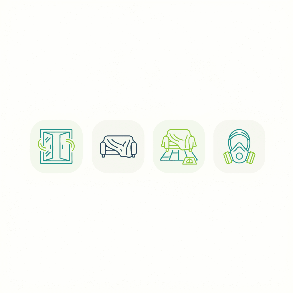 Ilustración vectorial plana de una habitación con muebles protegidos con plástico junto a una ventana en obra, con cajas y herramientas, sin texto