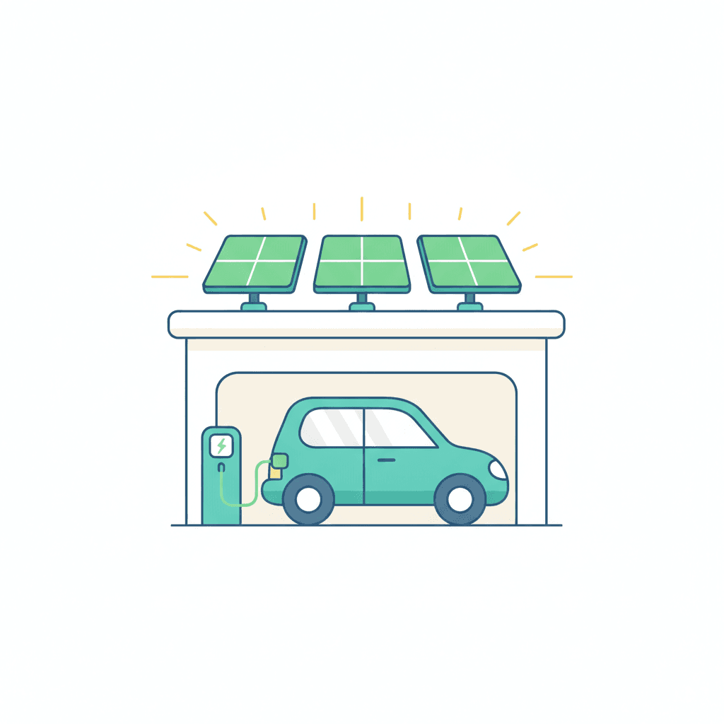 Un coche eléctrico cargando en un garaje con la energía de las placas solares del tejado