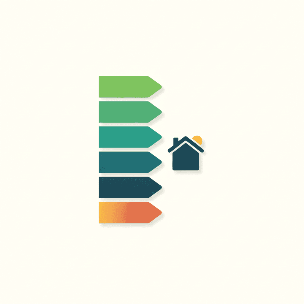 Diagrama de la escala de calificación energética de la A en verde a la G en rojo aplicada a una vivienda