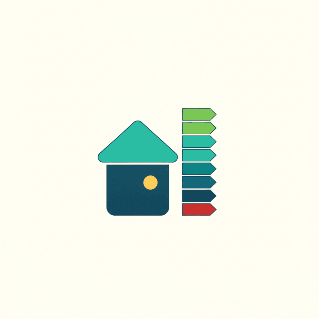 Ilustración de una vivienda con su etiqueta de eficiencia energética en la escala de colores de la A a la G