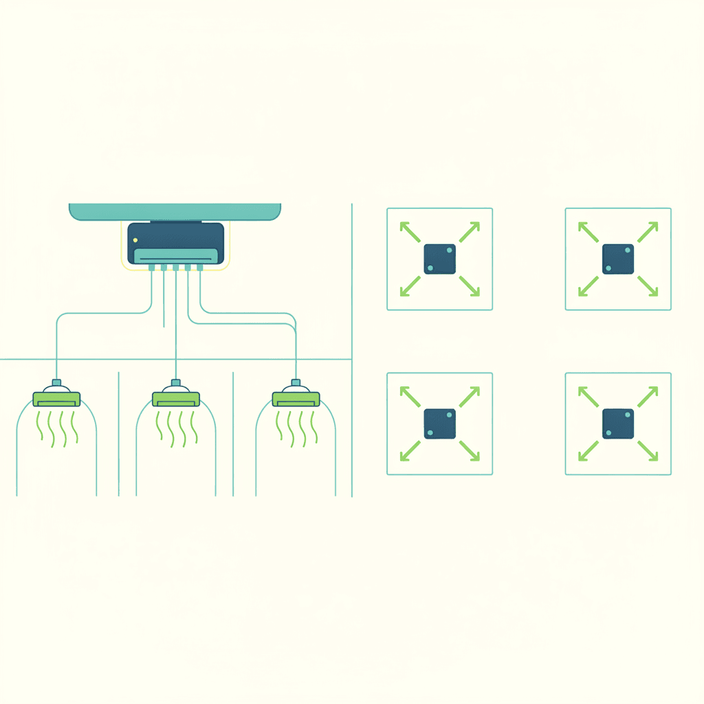 Ilustración vectorial plana con el esquema de una máquina de conductos oculta en el falso techo del pasillo repartiendo aire por una red hasta rejillas en varias estancias, sin texto