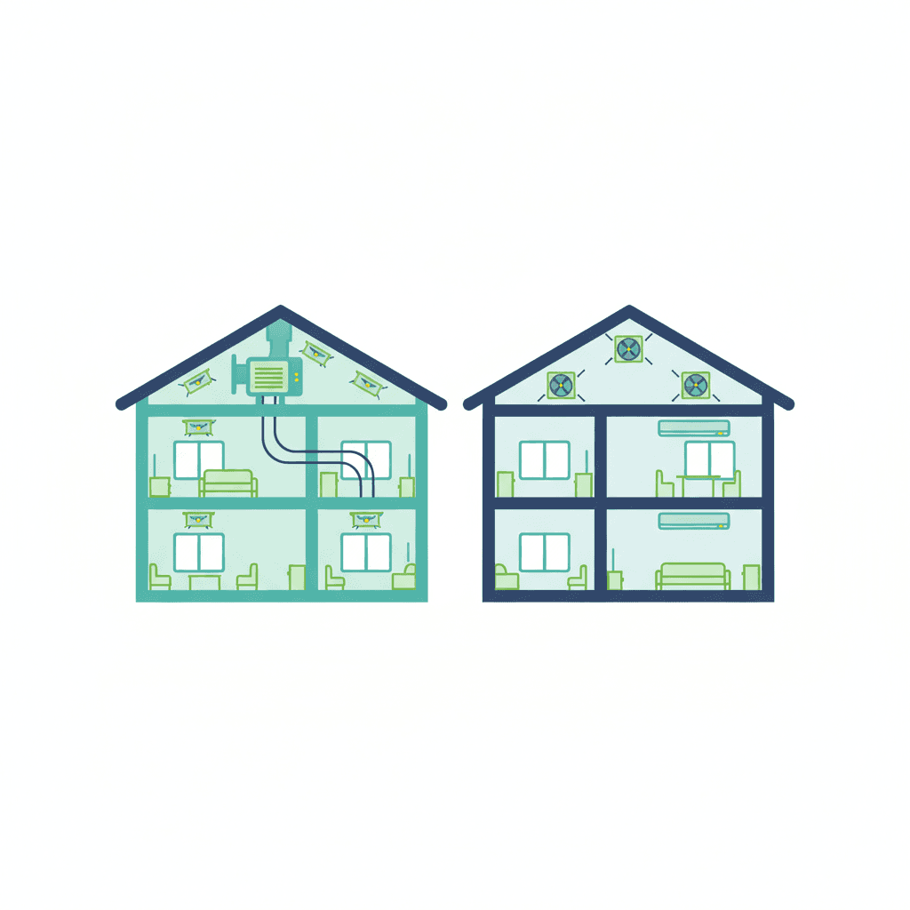 Ilustración vectorial plana de una vivienda en corte comparando una instalación de aire acondicionado por conductos en el falso techo del pasillo con varias unidades cassette empotradas en el techo de cada habitación, sin texto