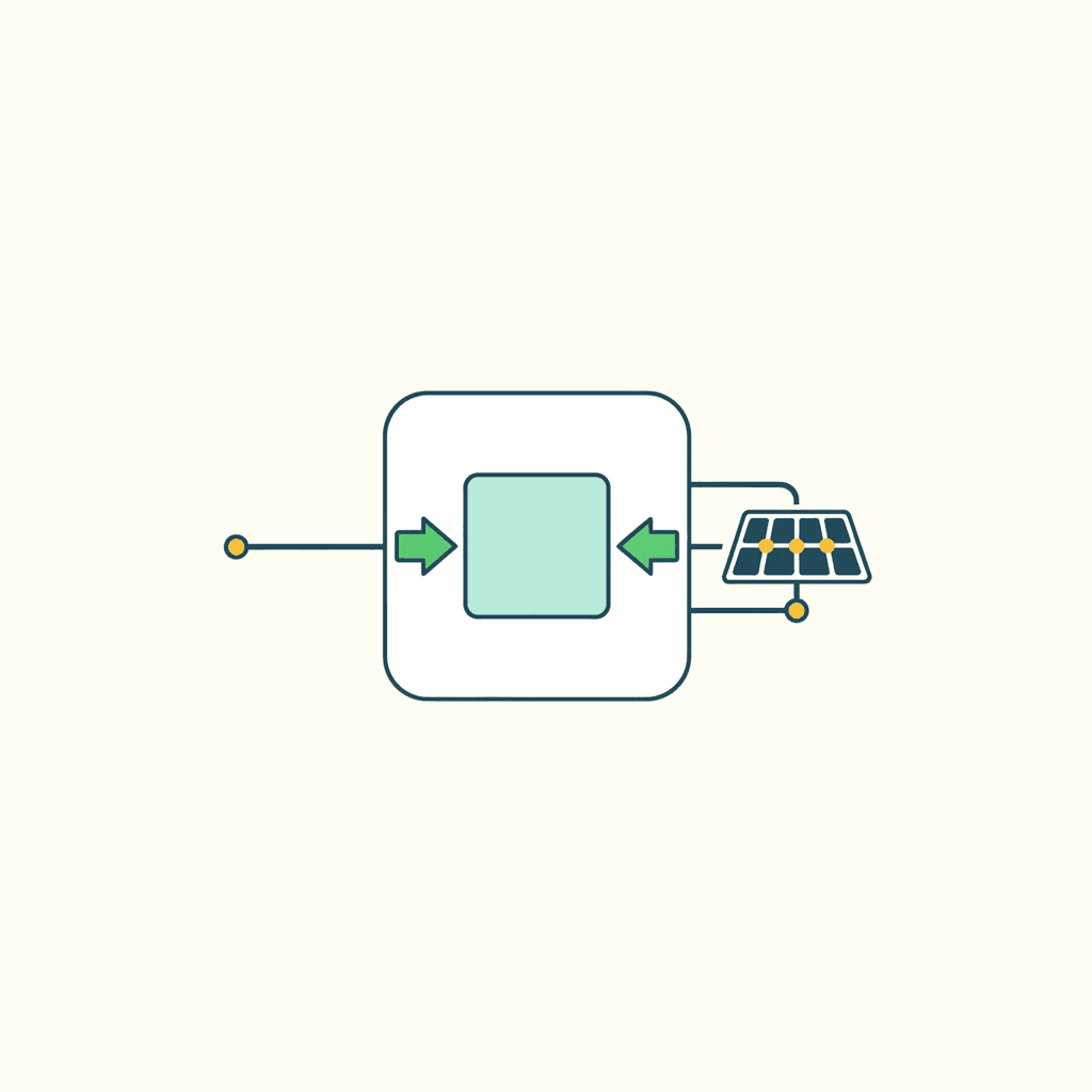 Un contador de luz con dos flechas de energía, una entrando de la red y otra saliendo desde las placas solares