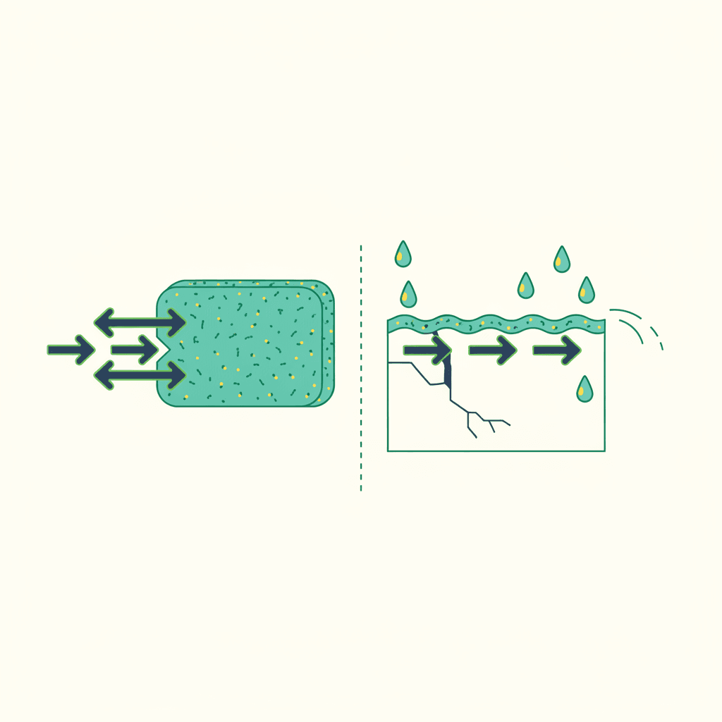 Ilustración vectorial plana sin texto que compara dos secciones de muro: una con una plancha de corcho de varios centímetros de grosor y otra con una capa de corcho proyectado de apenas unos milímetros
