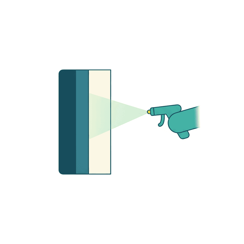Ilustración vectorial plana sin texto de una fachada dividida en dos: a un lado un corte con una plancha gruesa de corcho como capa aislante, al otro una fina capa de corcho proyectado sobre el muro