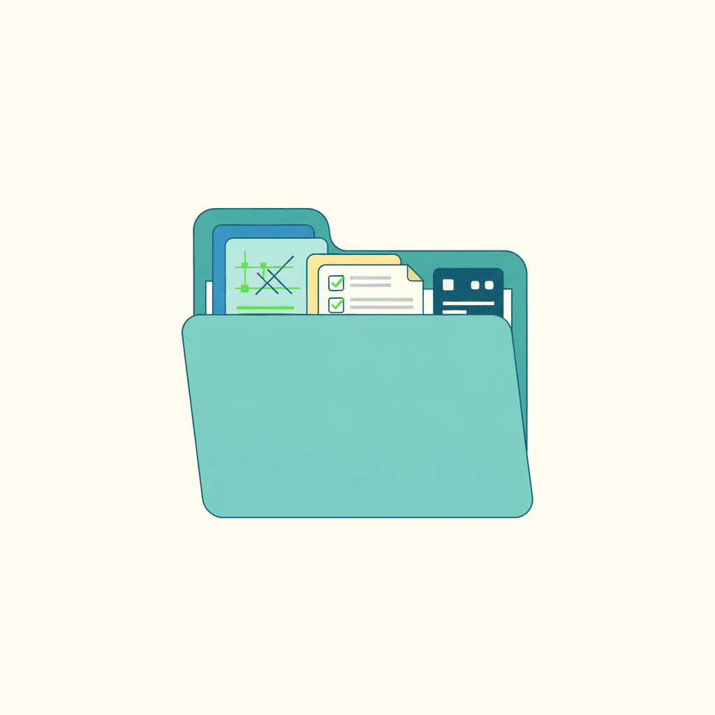 Ilustración vectorial plana de una carpeta de documentos con un check y un recibo bancario junto a una vivienda en reforma, sin texto