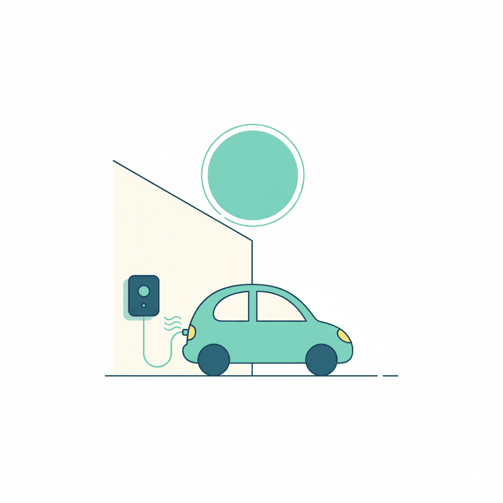 Ilustración vectorial plana de un coche eléctrico enchufado a un cargador de pared junto a una batería estilizada con un icono de escudo, sin texto