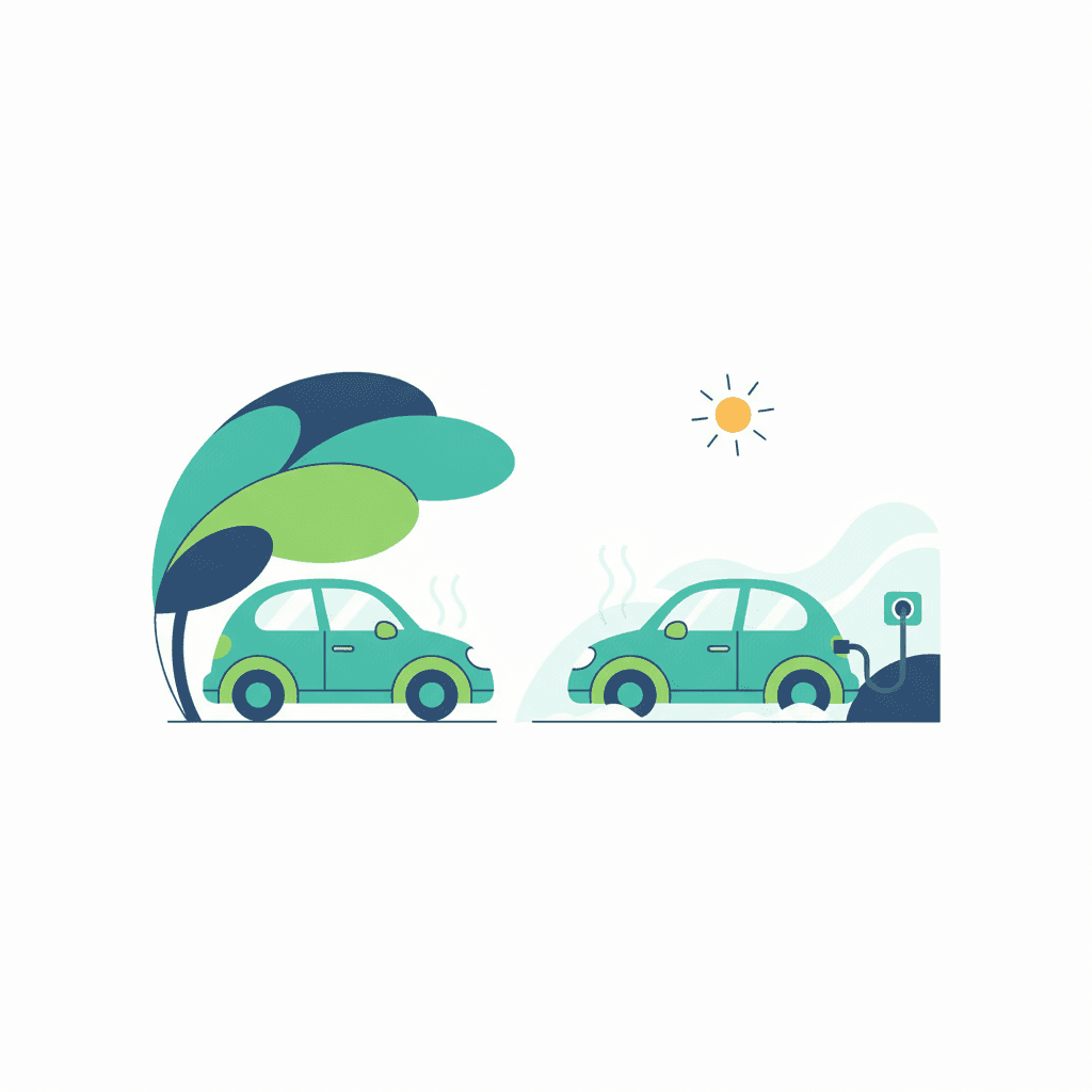 Ilustración vectorial plana de un coche eléctrico aparcado a la sombra en verano junto a otro coche enchufado precalentándose en invierno con copos de nieve de fondo, sin texto