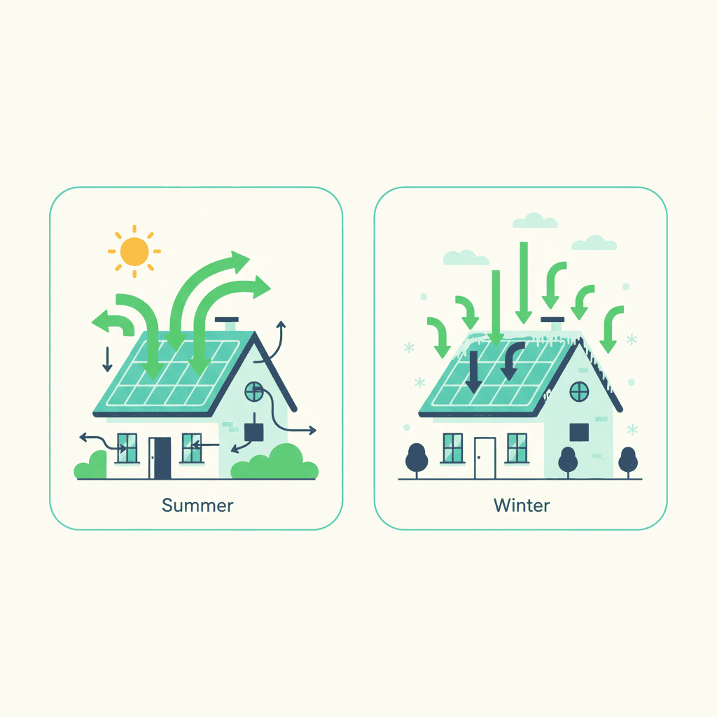 Ilustración vectorial plana con dos tejados mostrando placas solares con distinta inclinación, uno más tumbado favoreciendo el verano y otro más inclinado favoreciendo el invierno, junto a un icono de radiador, sin texto
