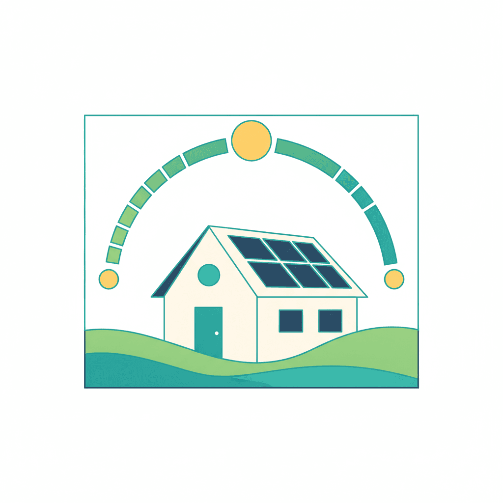 Ilustración vectorial plana de un gráfico en forma de campana que representa la producción solar a lo largo de los doce meses del año, con un sol y unas placas solares en un tejado al fondo, sin texto