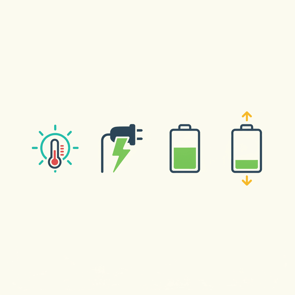Iconos de los factores que aceleran la degradación de la batería: calor, carga rápida en corriente continua, batería al 100% y descargas profundas