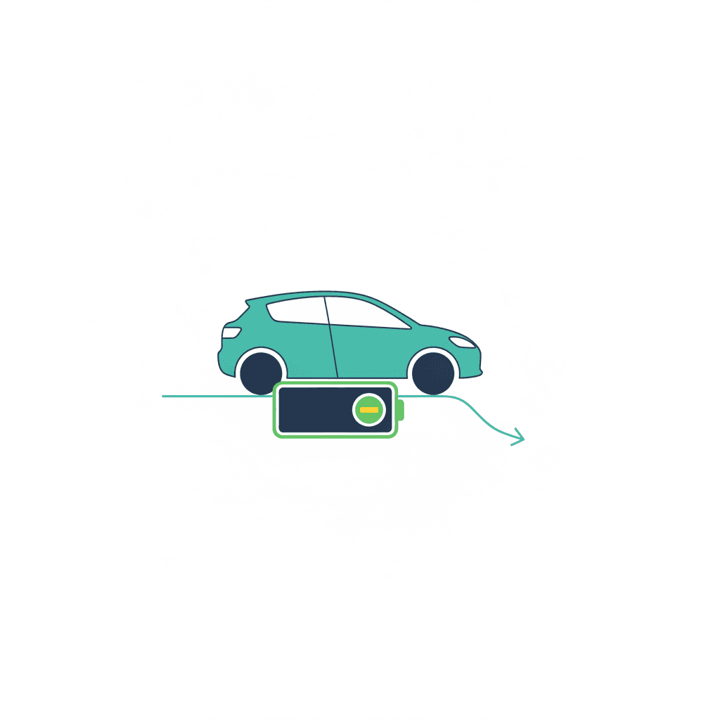 Batería de un coche eléctrico con un indicador de estado de salud que baja poco a poco del 100%, ilustrando la pérdida lenta de capacidad con los años
