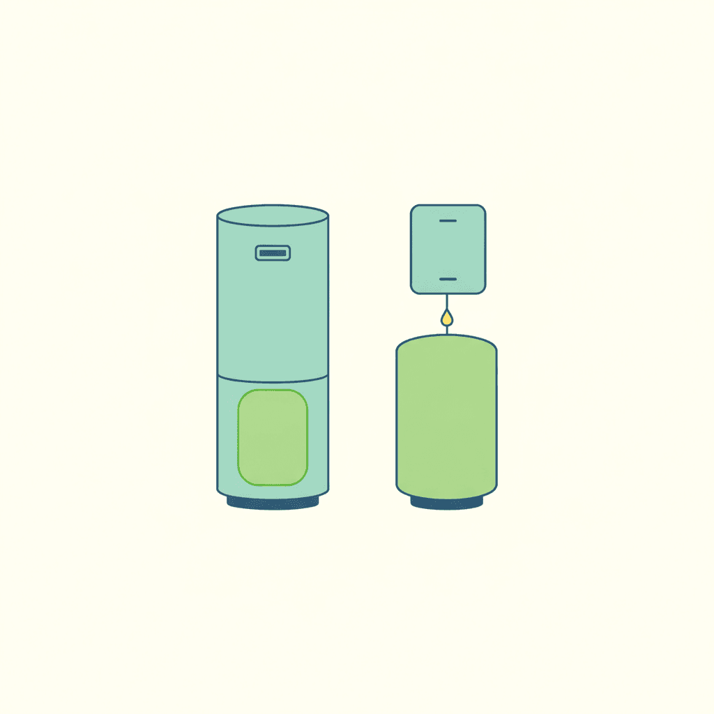 Dos configuraciones del depósito de ACS de una aerotermia: una torre compacta todo en uno y un hidrokit mural con depósito separado