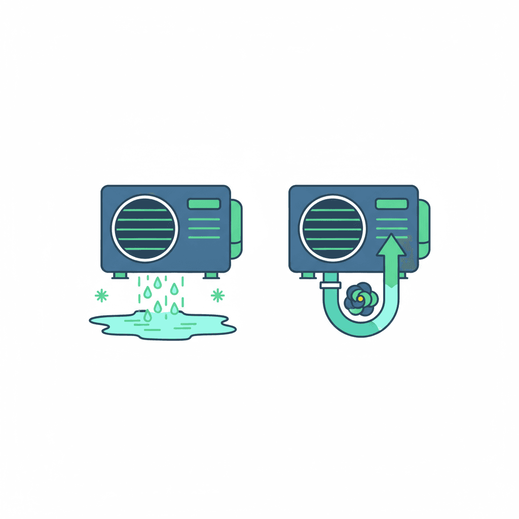 Ilustración vectorial plana con iconos de errores en el desagüe de condensados: un tubo con contrapendiente, hojas taponando la salida y un chorro de agua vertiendo directamente sobre una fachada, sin texto