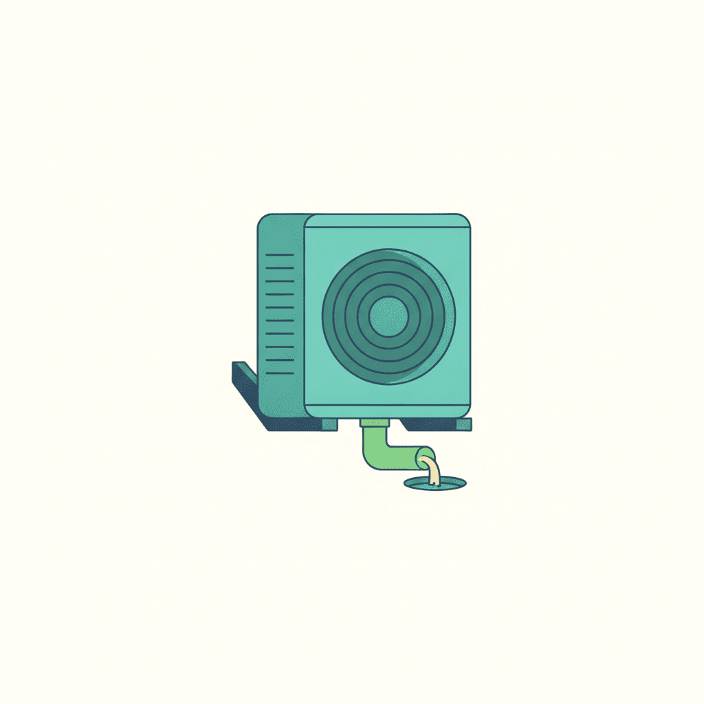 Ilustración vectorial plana de la unidad exterior de una aerotermia sobre una bancada elevada con un tubo de desagüe goteando agua hacia una arqueta, en un entorno invernal, sin texto