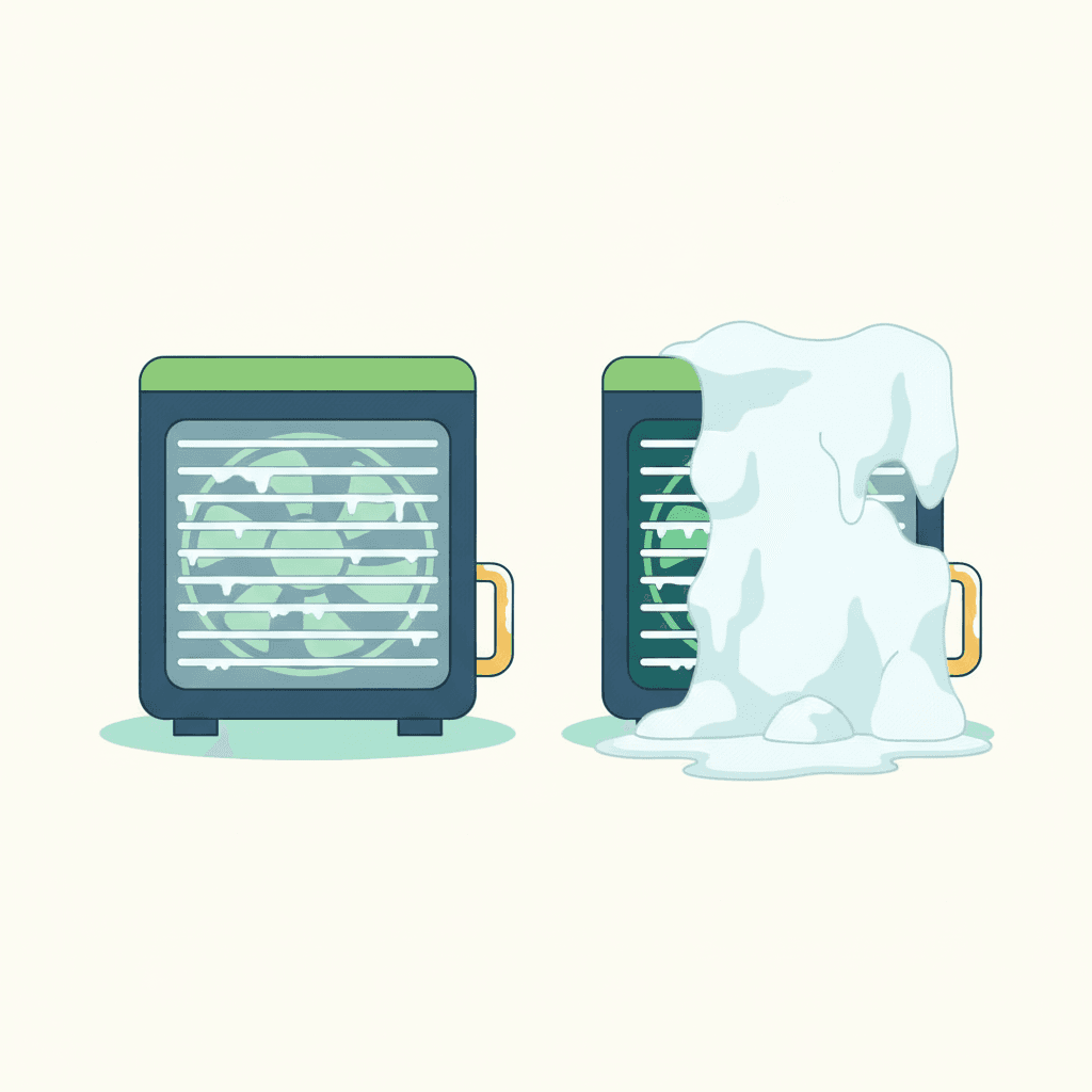 Comparación entre una unidad exterior con una fina capa de escarcha normal y otra con un bloque de hielo grueso que cubre las aletas y llega a las tuberías, como señal de avería