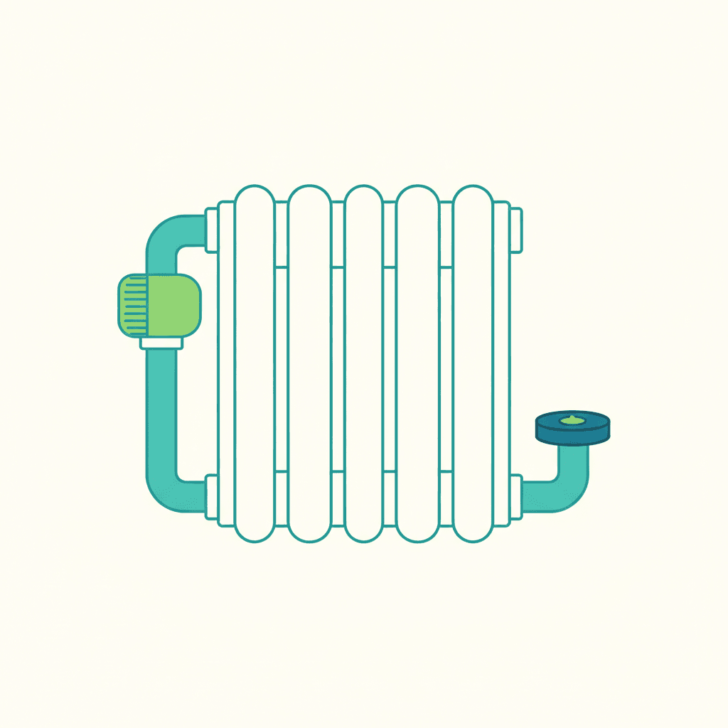 Ilustración vectorial plana de un radiador en detalle mostrando la válvula termostática en la entrada y el detentor con llave Allen en la salida, con un termómetro midiendo la diferencia de temperatura entre ambos extremos, sin texto