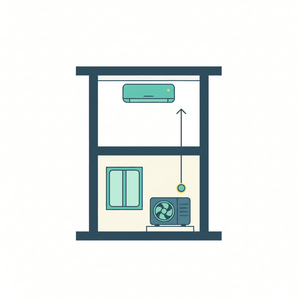 Sección de una casa con la unidad interior y la unidad exterior del aire acondicionado a distinta altura, con una flecha vertical que marca el desnivel entre ambas