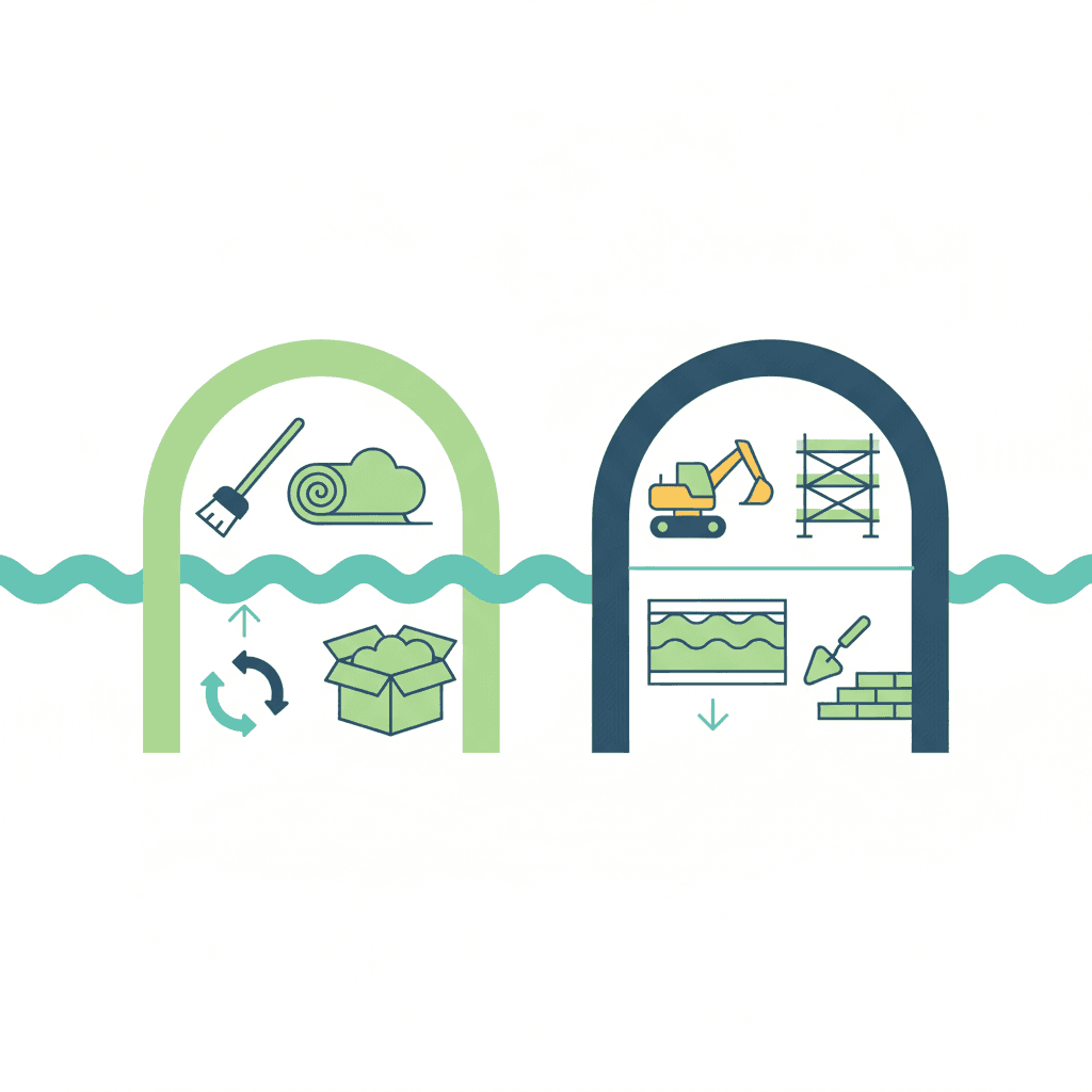 Ilustración vectorial plana con dos columnas de iconos: a la izquierda burletes, un panel reflectante y una tubería forrada; a la derecha un andamio, una máquina de insuflado y un equipo de espuma proyectada, sin texto