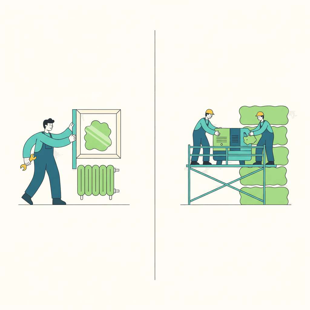 Ilustración vectorial plana de una vivienda en corte mostrando, a un lado, una persona colocando burletes y un panel reflectante tras el radiador y, al otro, un profesional con andamio y una máquina de insuflado en la fachada, sin texto