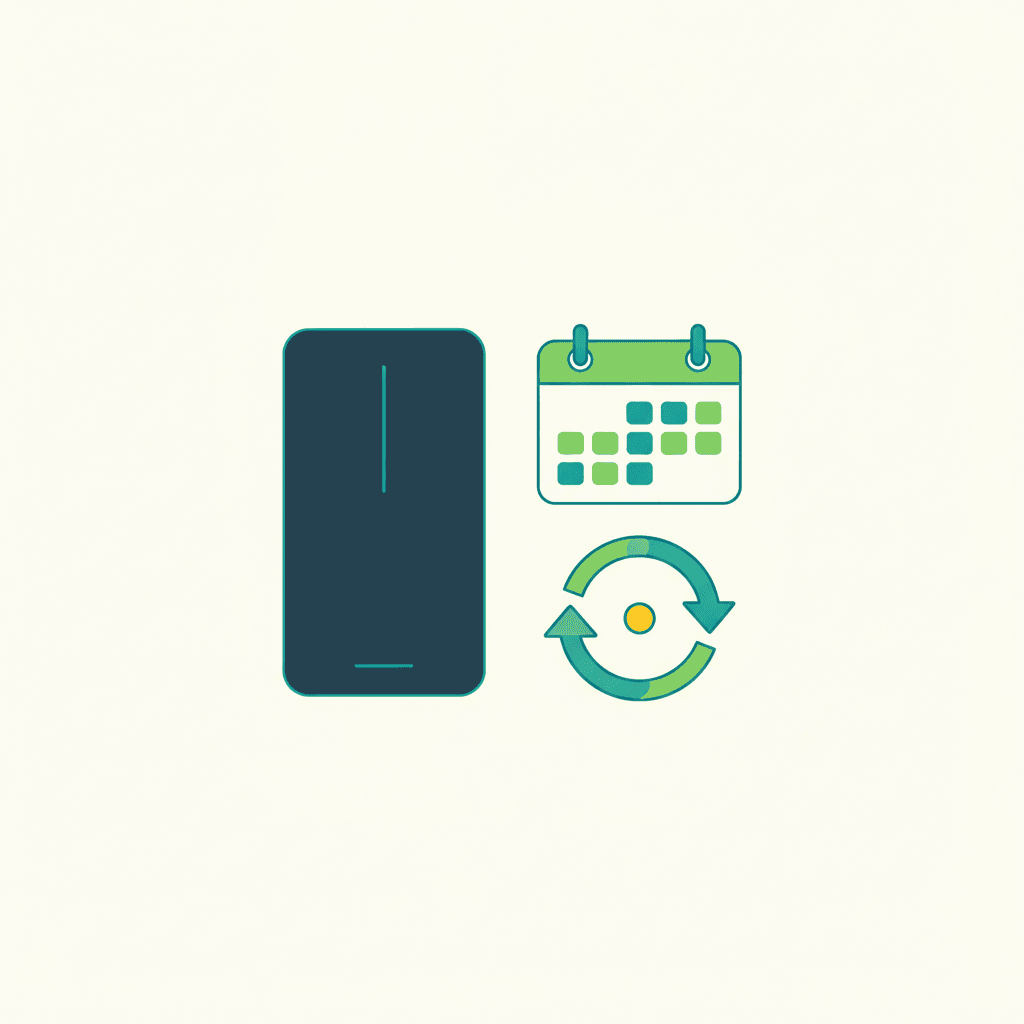 Ilustración vectorial plana de una batería solar doméstica con un icono circular de ciclo de carga y descarga alrededor, sin texto