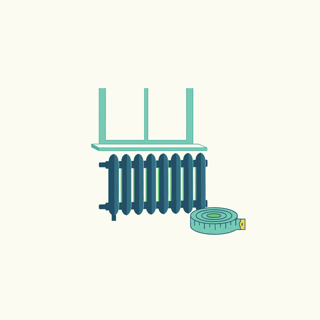 Ilustración vectorial plana de un radiador con varios elementos junto a una habitación acotada en metros cuadrados y un termómetro, sin texto