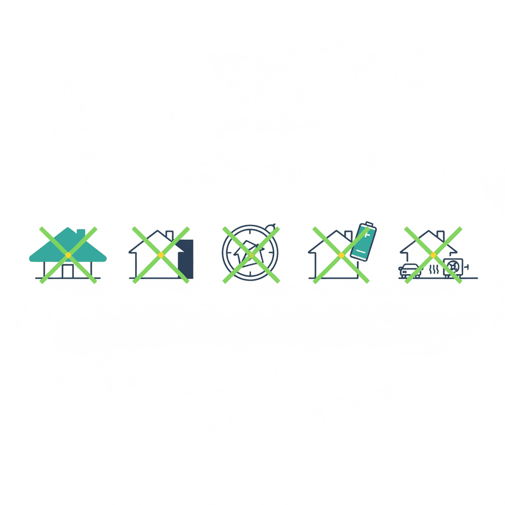 Ilustración vectorial plana con iconos de errores al dimensionar una instalación solar: un tejado cubierto de paneles, una sombra proyectada sobre parte del tejado y un inversor con un símbolo de advertencia, sin texto