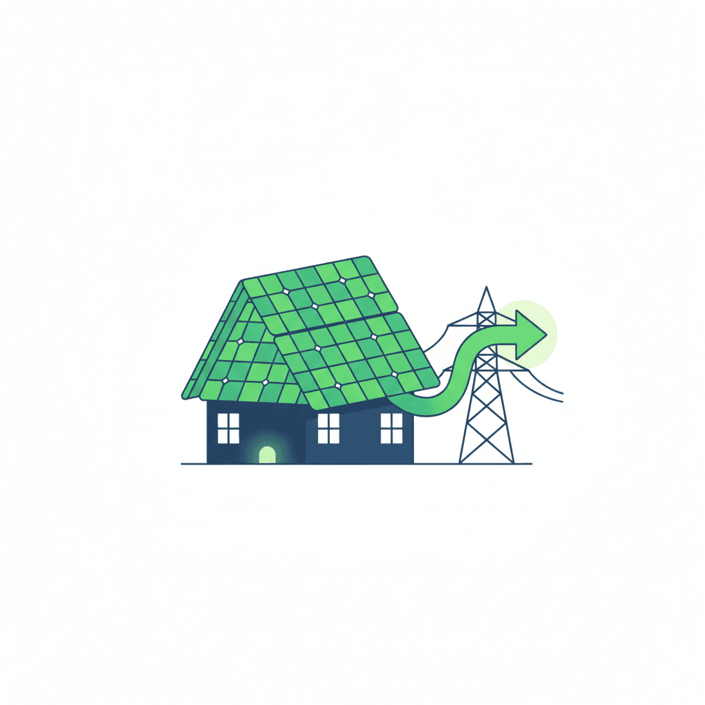 Ilustración vectorial plana de una vivienda con placas solares en el tejado y dos curvas horarias, una de consumo y otra de producción, superpuestas sobre el dibujo, sin texto