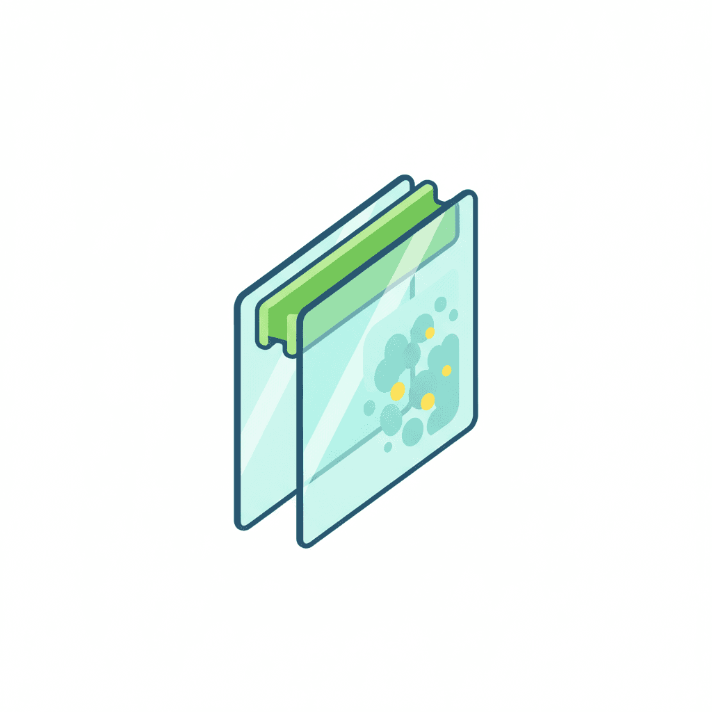 Ilustración vectorial plana de un corte de doble acristalamiento mostrando el tratamiento esmerilado en la cara interior de la cámara, protegido del exterior, sin texto