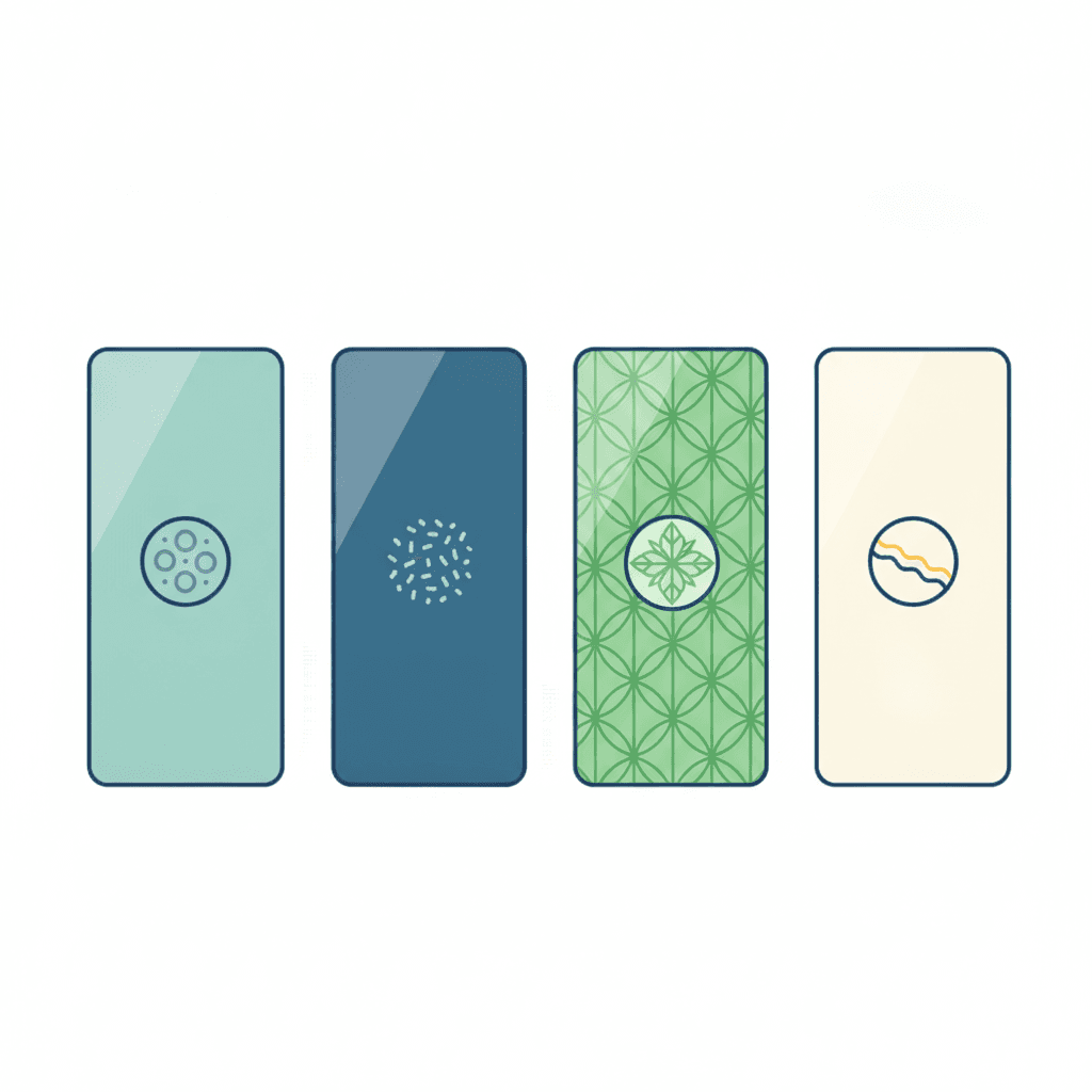 Ilustración vectorial plana con iconos de los tipos de vidrio esmerilado: vidrio ácido, arenado, impreso con relieve, lámina de vinilo adhesiva y vidrio inteligente conmutable, sin texto