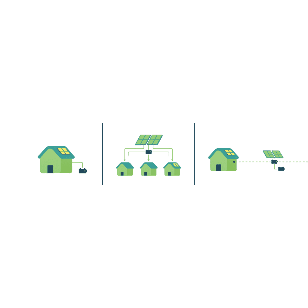 Ilustración de una vivienda unifamiliar y un edificio de vecinos conectados a paneles solares en la cubierta, representando distintas modalidades de autoconsumo