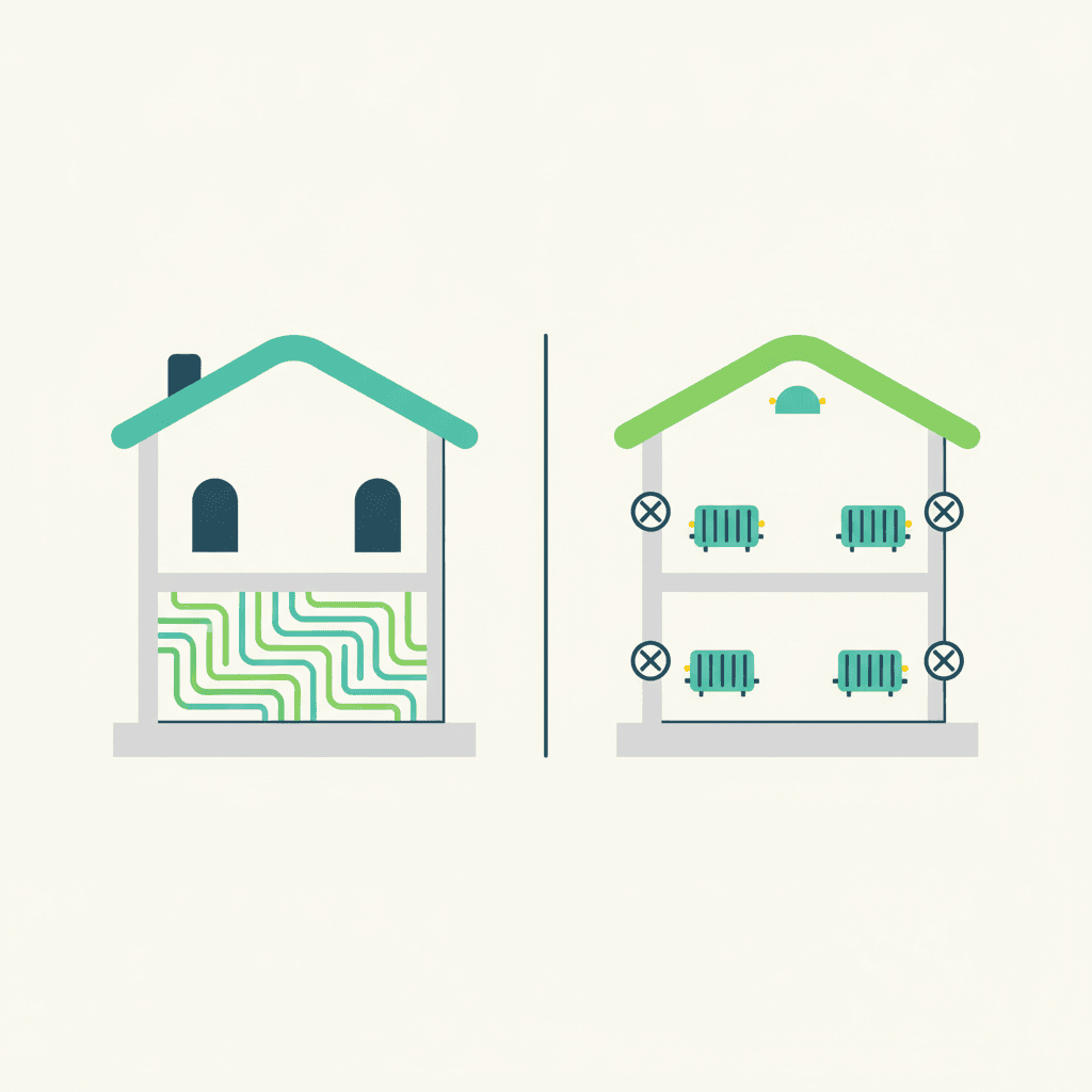 Comparación entre una vivienda con suelo radiante, donde el depósito de inercia suele sobrar, y una vivienda con radiadores y válvulas termostáticas, donde suele ser imprescindible