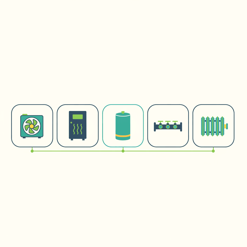 Diagrama con las piezas de una instalación de aerotermia: unidad exterior, unidad interior o hidrokit, depósito de ACS, colector y emisores