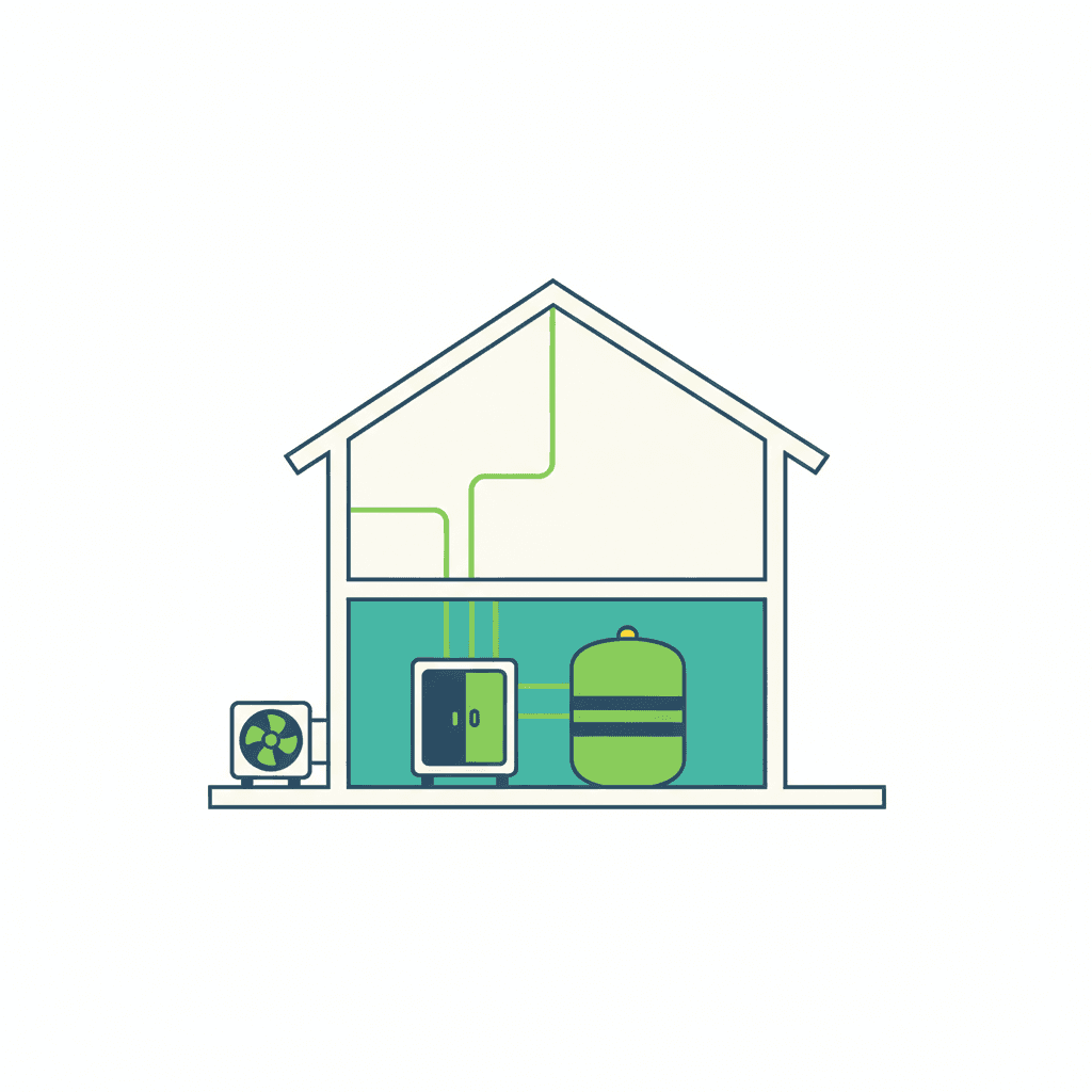 Esquema de una vivienda unifamiliar con la unidad exterior en el jardín, el hidrokit y el depósito de ACS en el cuarto técnico, y el colector repartiendo el agua al suelo radiante