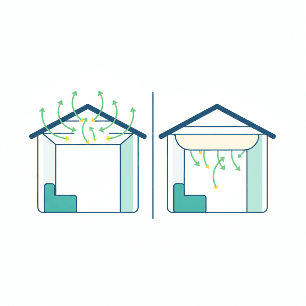 Comparación conceptual del calor que se escapa por el techo antes de aislar frente al calor retenido después, con flechas