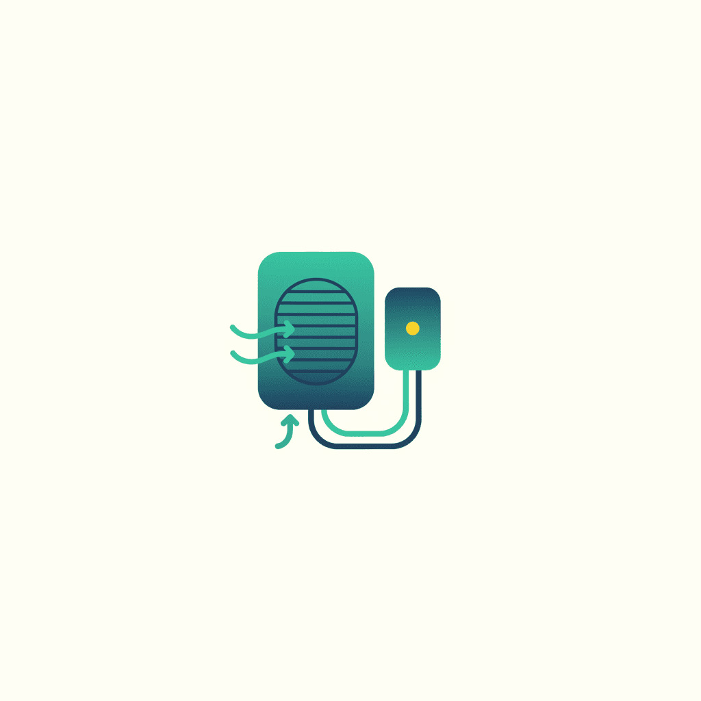 Ilustración vectorial plana de un fancoil de pared en un salón conectado por tuberías a una unidad exterior de aerotermia, sin texto
