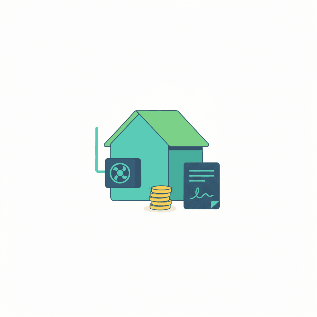 Ilustración vectorial plana de una casa con una unidad exterior de aerotermia y, junto a ella, un icono de documento de préstamo con una moneda, representando la financiación de la instalación