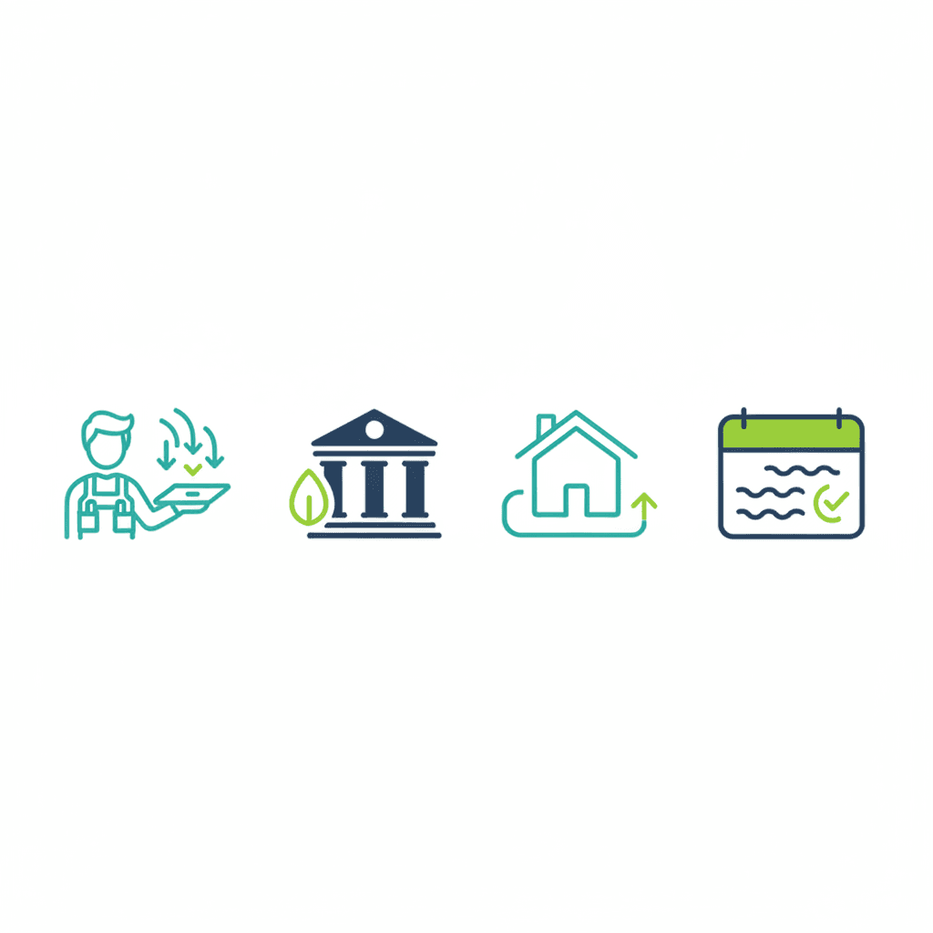 Ilustración vectorial plana con cuatro iconos representando las vías de financiación de la aerotermia: una financiera, un banco con una hoja de préstamo verde, una casa con un documento de hipoteca y una mano entregando dinero en varios plazos