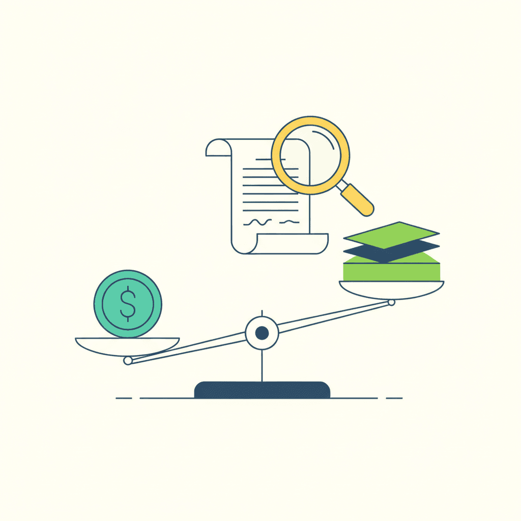 Ilustración vectorial plana de una lupa sobre un documento de préstamo con iconos de porcentaje, una comisión tachada y una balanza comparando la cuota mensual con el ahorro en la factura