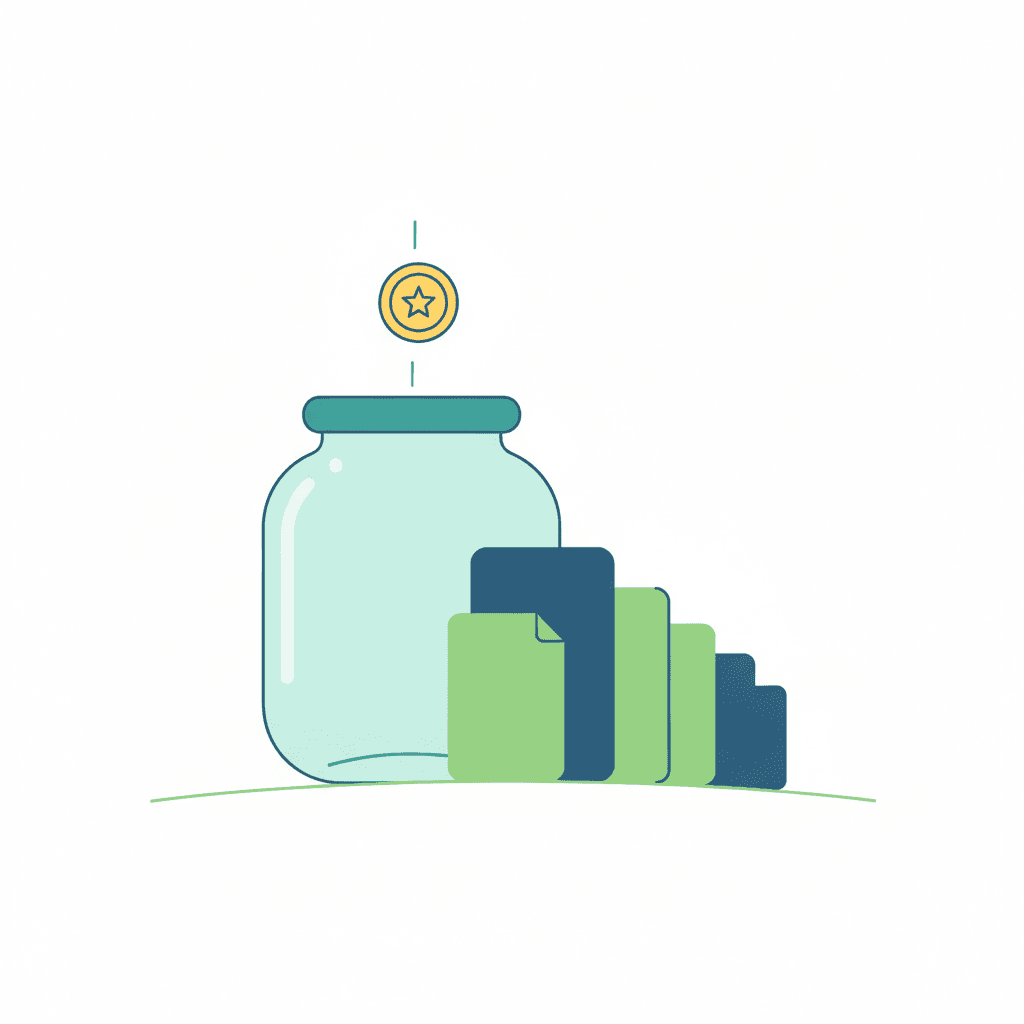 Ilustración vectorial plana de un cofre de fondos casi vacío junto a una fila de solicitudes de papel esperando turno, representando una convocatoria de ayudas que se ha quedado sin presupuesto