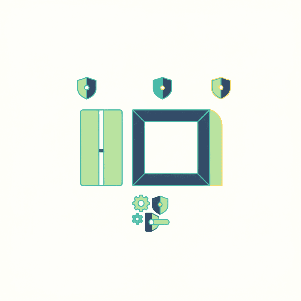 Ilustración vectorial plana con iconos de perfil, vidrio y herrajes de ventana rodeados de un escudo de protección, sin texto