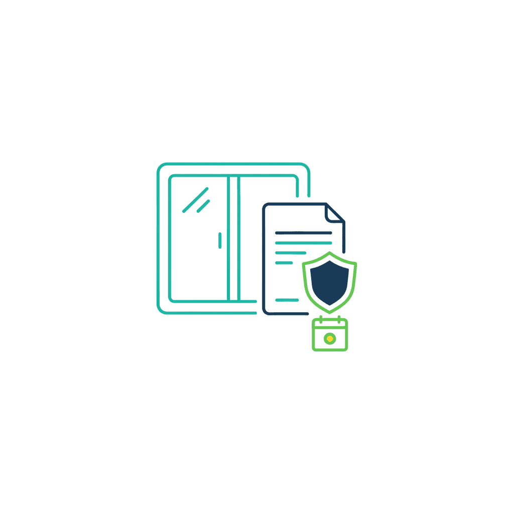 Ilustración vectorial plana de un certificado de garantía junto a una ventana de PVC, sin texto, representando la garantía de las ventanas